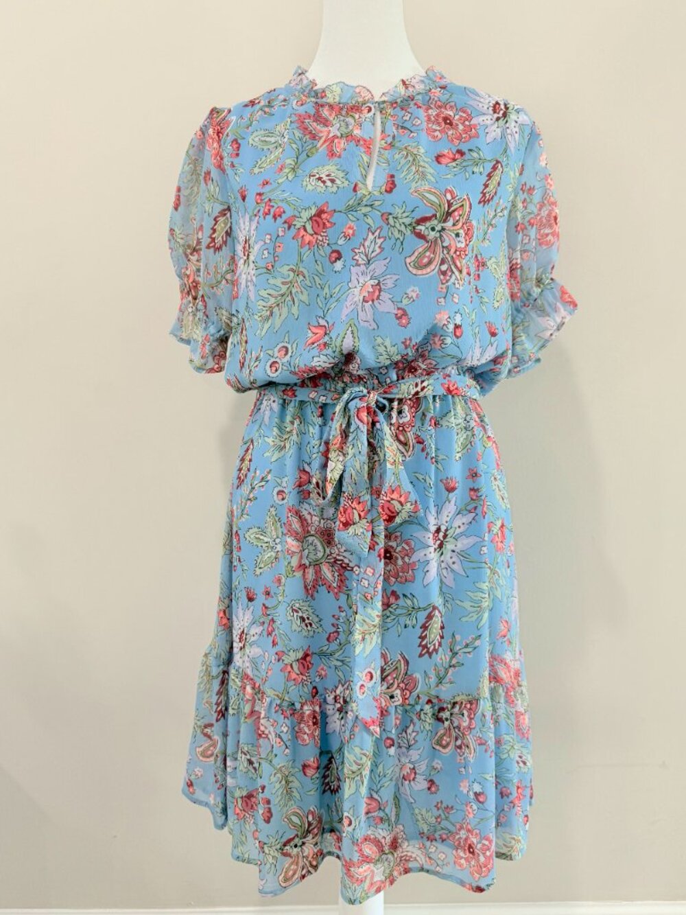LOFT Blue Floral Tie Waist Mini Dress Boho Romantic Size S - Picture 2 of 8